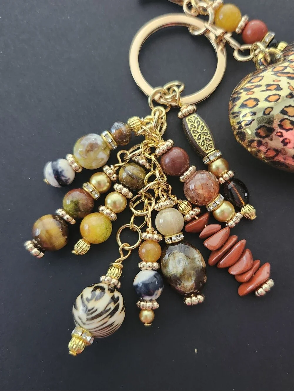 Leopard Heart Purse Charm or Keychain Agate Coral Stone Glass Handcrafted